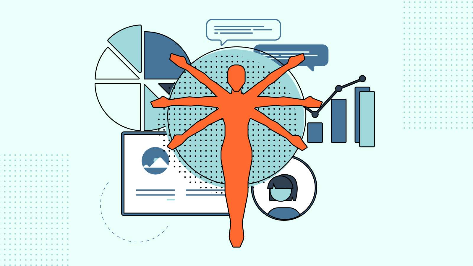 An illustration of an orange, six-armed person floating above icons which signify the many tasks that may be saddled on a single employee.